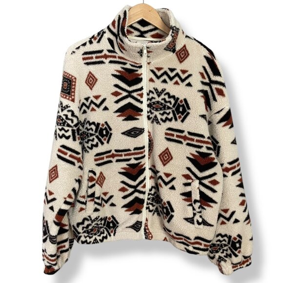 Southwestern Print Fleece Jacket Zip-Up XL Faux Sherpa Aztec Women Relaxed Fit - Picture 1 of 12
